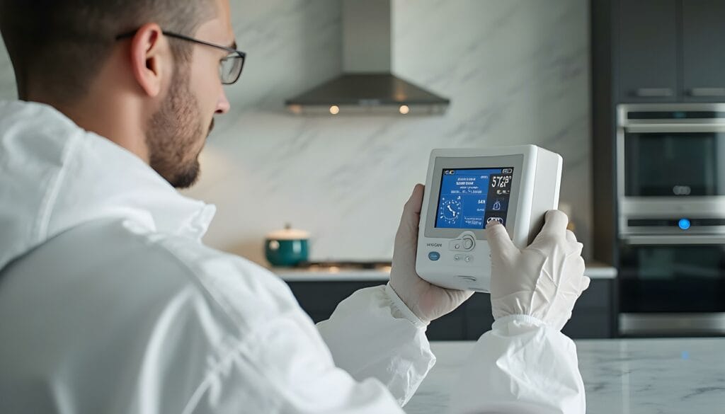 Technician in protective suit using a digital meth testing device inside a modern NSW kitchen to check contamination levels.