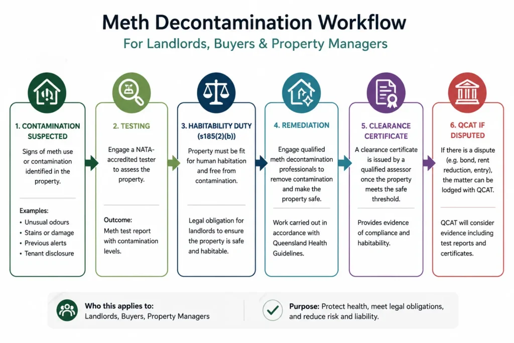 Six-step meth decontamination workflow for Queensland landlords, buyers and property managers