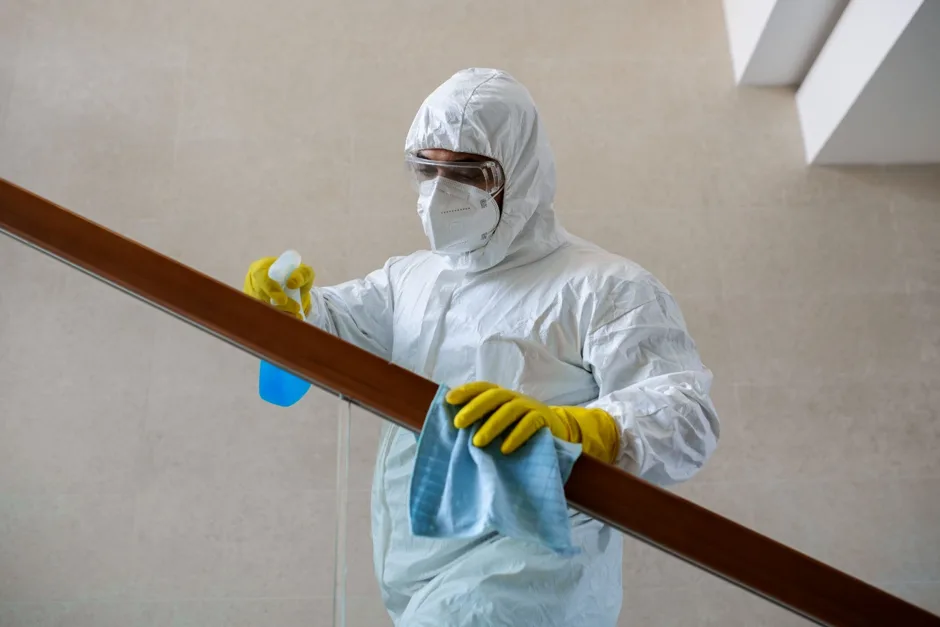 Certified meth decontamination technician cleaning and disinfecting a residential staircase handrail in full protective gear.